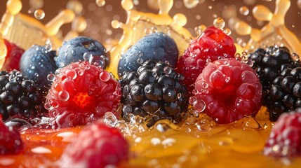 Fresh berries splashing in orange juice in a kitchen setting during daylight