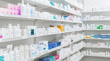 Modern pharmacy shelves stocked with a variety of health care products, beauty tools, and medical essentials that showcase a wide selection and attention to detail