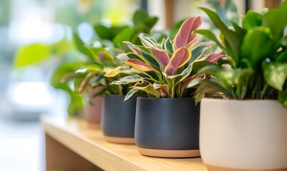 several cultivars of lush & beautiful Ctenanthe Never Plant in beautiful modern pots , Generative AI