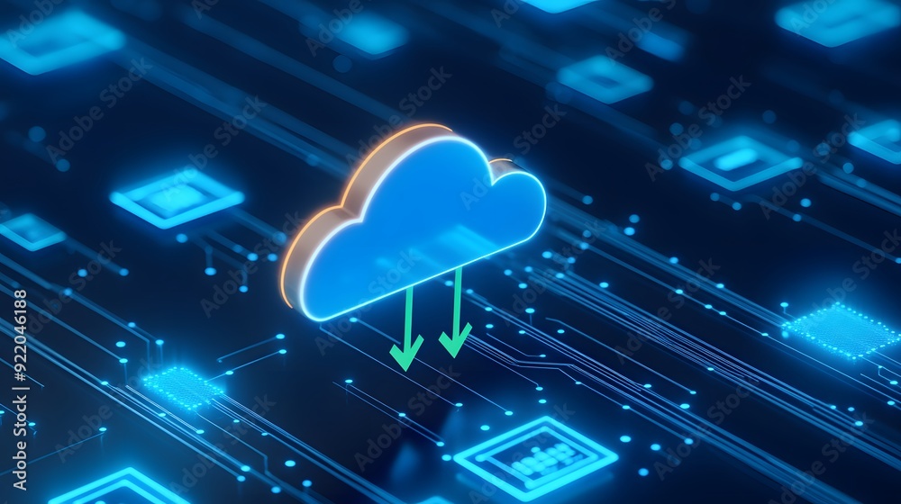 Poster digital cloud icon with data transfer arrows, symbolizing cloud computing and data storage technolog