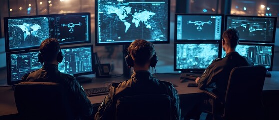 Digital command center with multiscreen displays, officers monitoring realtime drone feeds, military operations, technologydriven command centers