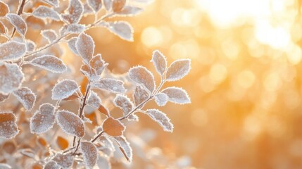 Naklejka premium Sunlight illuminating frosty leaves on branch
