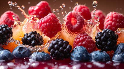 Fresh berries splashing in water with vibrant colors captured indoors during the afternoon