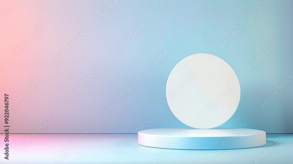 Wall mural minimalist display stand, soft gradient backdrop, circular platform and disk centerpiece, illuminate