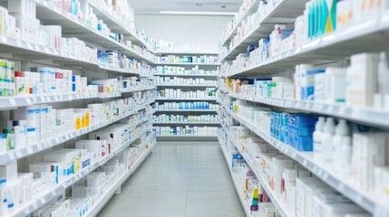 Fototapeta premium Explore the vibrant array of modern pharmacy shelves filled with medical products and beauty tools in a well-organized store setting