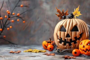 Playful Halloween Pumpkin Arrangement with Cheery Faces, Glossy Orange Decor, Autumn Leaves, Spooky Webs, and Black Spider Accents, Capturing Festive Spirit