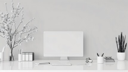 Fototapeta premium Minimalist Home Office Workspace with White Computer and Desk