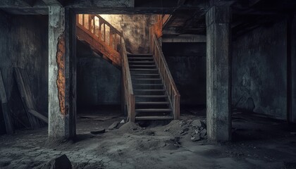 Abandoned interior with staircase in a derelict building during dim light