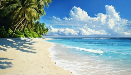 Calm beach with palm trees and clear water under a bright blue sky