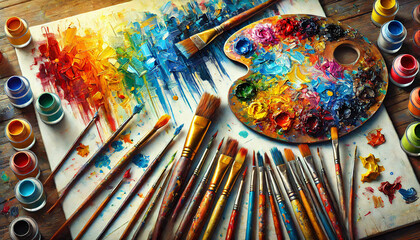 Fototapeta premium Vibrant Paint Palette and Brushes