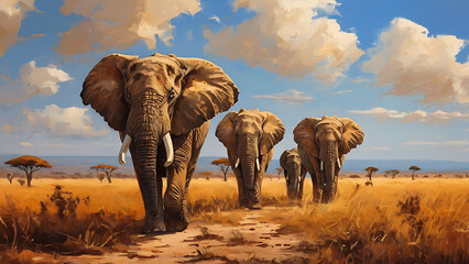 Fototapeta premium Elephants walking in savanna 
