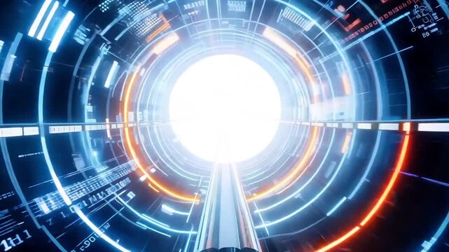 Abstract futuristic technology background of a hyper-realistic time machine tunnel, viewed from a first-person camera perspective, in high and fast speed energy.