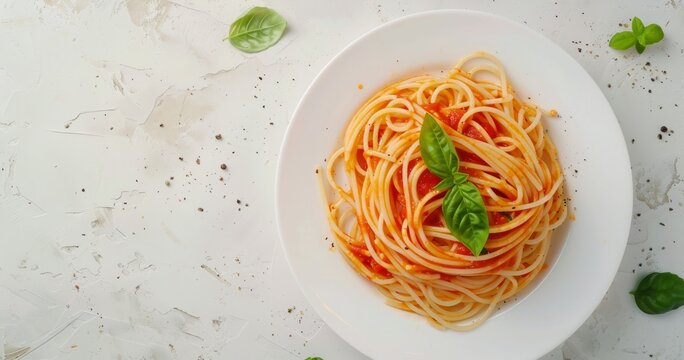 Photo of spaghetti with tomato sauce on a white plate, viewed from above. On a light concrete background. Space for text or a banner design. Mockup template stock photo, contest winner 