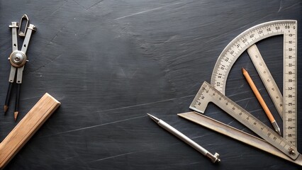 Math Tools on Black Chalkboard Background with Copy Space