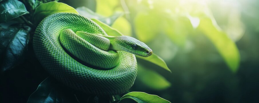 Green tree python snake resting on a branch in the rainforest