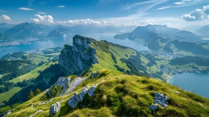 Obraz premium A mountain peak with a view of a valley and a lake, in the Swiss Alps.
