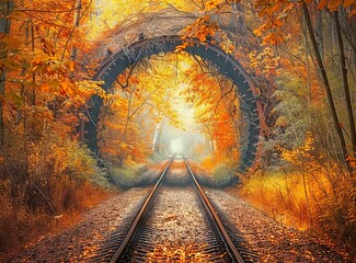 Naklejka premium Photo of the autumn tunnel made from trees in a forest with railway tracks. Magical tunnel of love, 