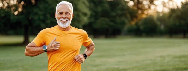 A joyful senior African American man running outdoors in vibrant sportswear while engaging in a healthy lifestyle