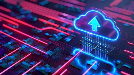 Futuristic cloud computing concept with neon-lit circuit board background and glowing upload icon, representing data transfer and technology.