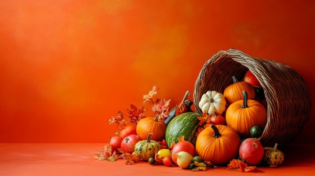 Wicker cornucopia overflowing with pumpkins and squash on orange background for thanksgiving