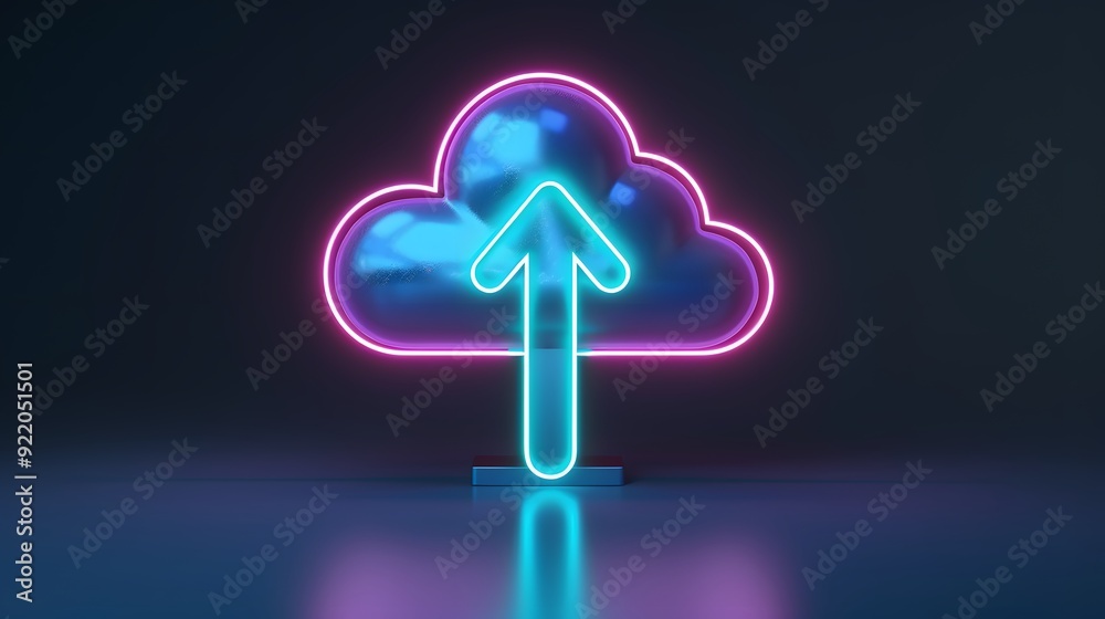 Poster futuristic cloud icon with an upward arrow in neon colors, representing cloud computing and data upl