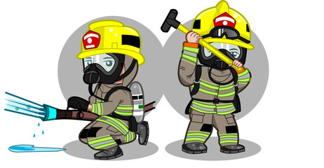 CIMAHI,INDONESIA-AUGUST 14, 2024-Cute chibi american male firefighter wear yellow helmet. Vector cartoon character illustration graphic design for collection, poster,background,wallpaper,sticker.