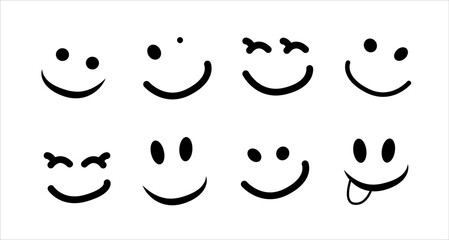 Happy Doodle Smile Isolated on Background. Simple Faces. Vector