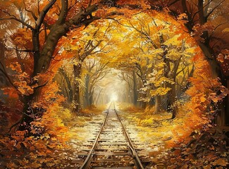 The autumn tunnel of love, with the trees in an orange and yellow color, is covered in leaves on both sides of the train tracks that lead to the 