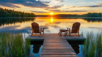 Two wooden chairs on a wood pier overlooking a lake at sunset - Powered by Adobe