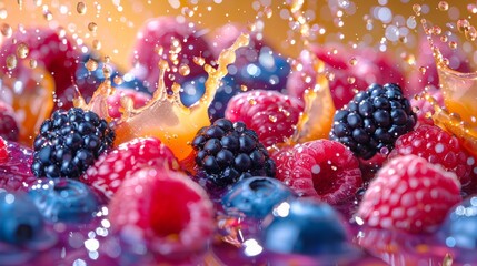 Sweet berries splashed with water droplets create a vibrant display in a colorful setting