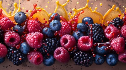 Fresh berries with vibrant splashes of yellow sauce on a textured surface