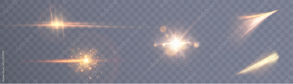 Poster bright golden light effect. bright lens flare. golden glow effect. starry flares with shimmering hig