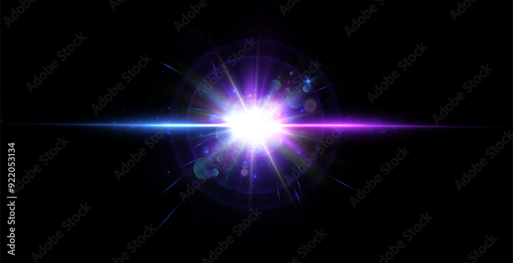 Poster bright blue light effect. bright lens flare. blue glow effect. starry flares with shimmering highlig