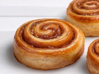 Close-up of three freshly baked cinnamon rolls with glazed topping, arranged on a white surface.