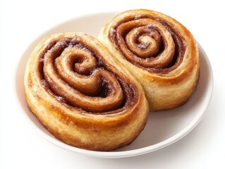 Fototapeta premium Two cinnamon rolls served on a white plate, showcasing their golden crust and perfectly swirled cinnamon filling, ready to enjoy.
