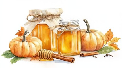 Two honey jars wrapped with twine, surrounded by pumpkins, cinnamon sticks, and autumn maple leaves, creating a warm, rustic fall scene.