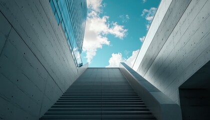 Concrete stairs leading upward beneath a bright blue sky and fluffy clouds during the day