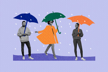 Composite photo collage of happy american girls guy stand rainstorm weather cyclone autumn hold parasol isolated on painted background © deagreez