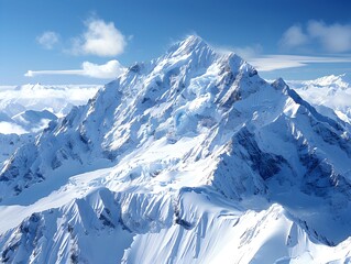 Naklejka premium Snow-covered mountain peaks under a clear blue sky at sunrise
