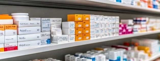 A vivid display of diverse medication boxes arranged meticulously on pharmacy shelves with an artistic blur in the background