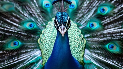 Fototapeta premium Elegant Peacock with Vibrant Teal and Blue Feather Display in Clear Setting