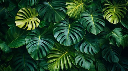Tropical monstera leaves creating lush green nature background