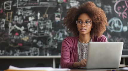 Fototapeta premium A young African American teacher sitting at her desk in a classroom, typing on a laptop, the blackboard behind her filled with notes and diagrams, her expression one of concentration and dedication