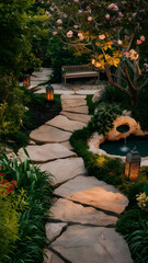 generate an image of a serene garden with a stone