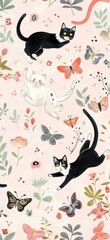 Three cats frolic among flowers and butterflies on a soft pink backdrop, creating a whimsical atmosphere