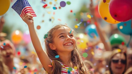 Obraz premium A dynamic shot of a young girl waving a small American flag with enthusiasm, surrounded by a crowd of people at a patriotic parade, with colorful balloons and confetti filling the air, capturing the