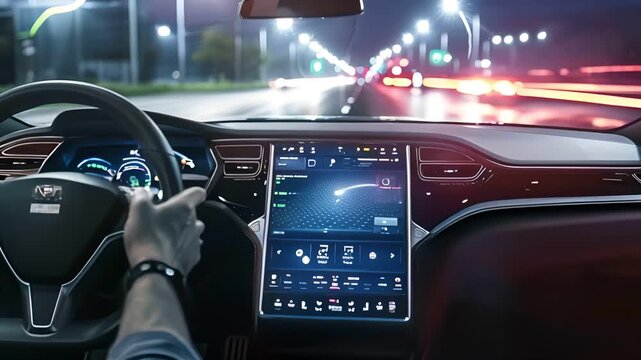 A driver's perspective of a car driving at night, with city lights streaking past.  The car's dashboard and steering wheel are visible.