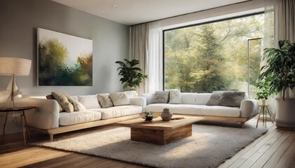 A minimalist living room with Scandinavian design, featuring a white couch, wooden coffee table, and a large abstract painting on the wall. The room is bathed in soft morning light coming through a la