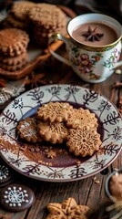 Close up image of real Belgian speculoos (biscoff) cookies on a plate on a wooden table. The biscuit is now a worldwide cooking ingredient hype. AI generated illustration