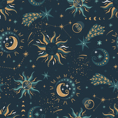 Trendy celestial seamless pattern, spiritual background hand drawn, stars, moon, space, great for textiles, wallpapers, surfaces - vector design